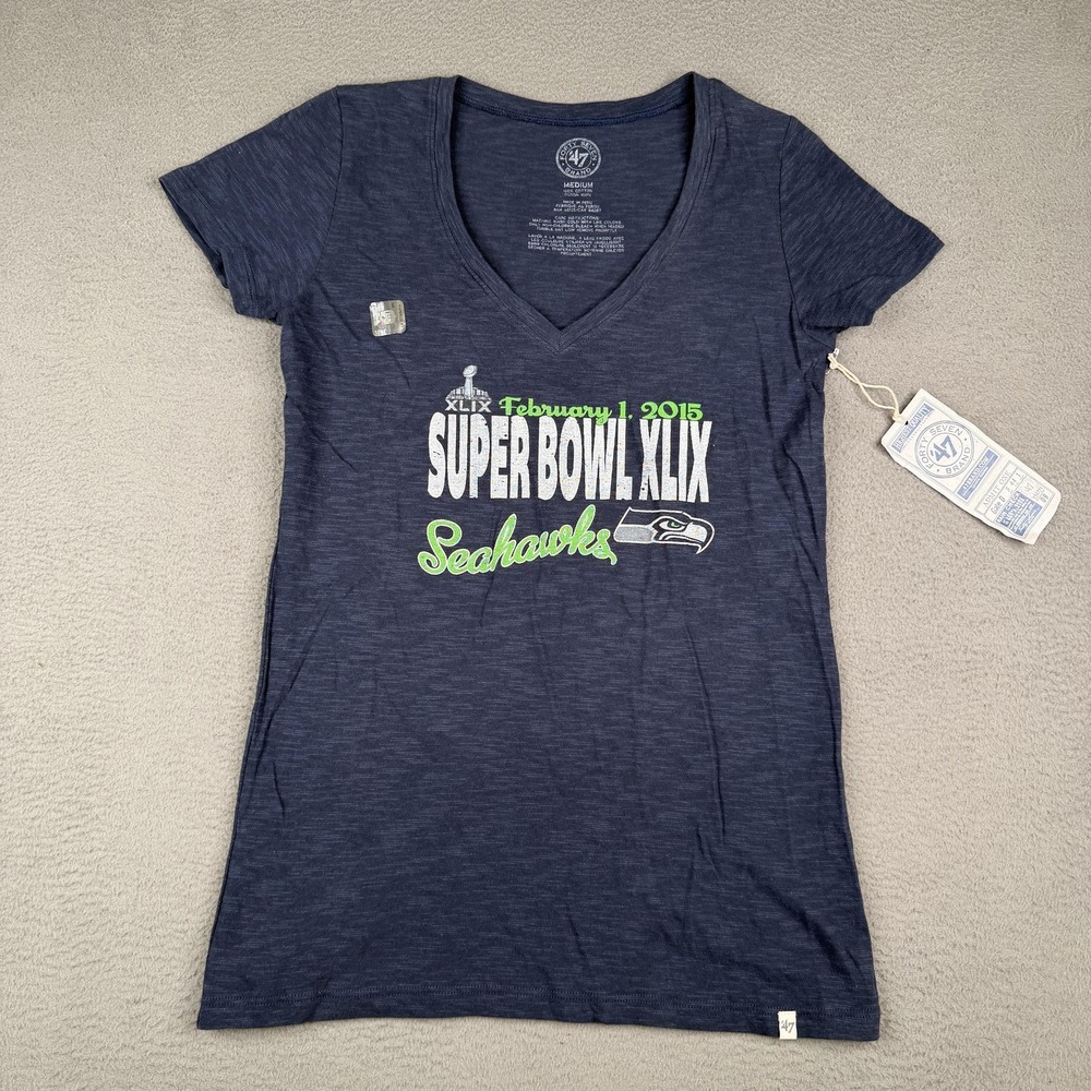 Seattle Seahawks Shirt Womens Medium Blue NFL Football '47 Super Bowl XLIX